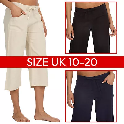 Ladies Linen 3/4 Trousers Summer Cropped Pants Capri Wide Leg 10 12 14 16 18 20 • £9.99