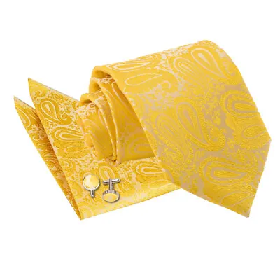 Gold Classic Skinny Tie Pocket Square Cufflinks Woven Floral Paisley By DQT • £7.99
