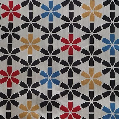 Vtg Retro MCM Upholstery Fabric Red Black Yellow Blue Geometric Floral 2.3 Yd • $28.50