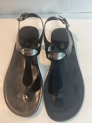 Michael Kors Mk Plate Iconic Jelly Logo Thongs Black Sandals Us 8 • $22.99