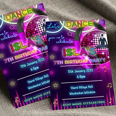 Personalised Dance Disco Glow Birthday Party Invitations Dance Neon Invites 10 • £3.90