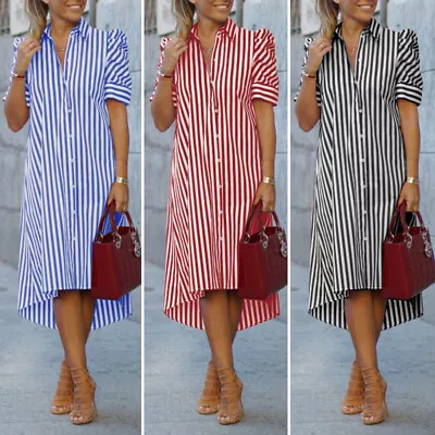 Summer Women Striped Short Sleeve Midi Dress Casual Loose Shirt Dresses Kaftan • £16.14