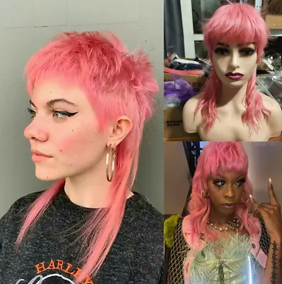 Fashion Pink Mullet Wigs With Bangs Women Short Wave Curly Wig Party Wig Layered • $18.04