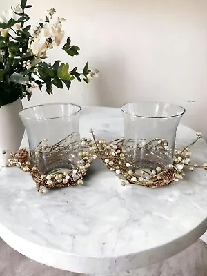 Lot Of 2 Large Glass And Twig Votive Candle Holders Gold Silver Rustic Farmhouse • $29.99