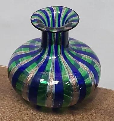 Venini Italy Gio Ponte Striped Glass Bud Vase Green Blue Gold Stripe Swirl • $74.50