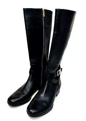 Michael Kors Black Tall Leather Riding Boots Full Zip Women’s Size 10M Gold Logo • $89.99