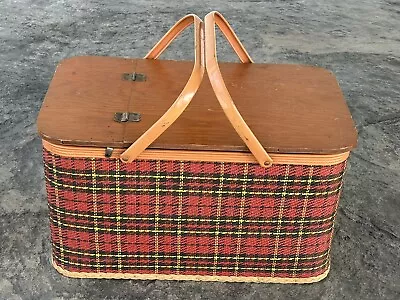 Vintage Picnic Basket Tartan Red Plaid REDMON PERU IND Hinged Lid Swing Handles  • $49.99