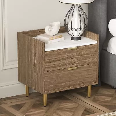 Modern Wooden Nightstand With 2 Drawers Marble Top & Metal Legs • $120.76