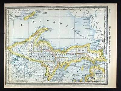 1881 Rand McNally Railroad Map Michigan Upper Peninsula Marquette Mackinaw City • $27.99