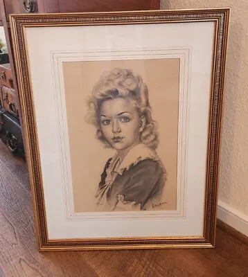 Vintage Charcoal Art Portrait Drawing Of Lady Women Gold Framed  • $395