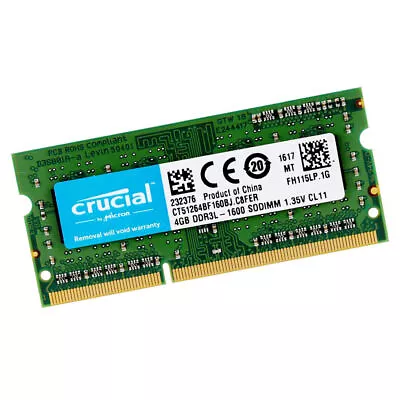 Crucial 4GB DDR3L 1600Mhz PC3L-12800 1RX8 SODIMM Notebook Memory CT51264BF160BJ • $13.99