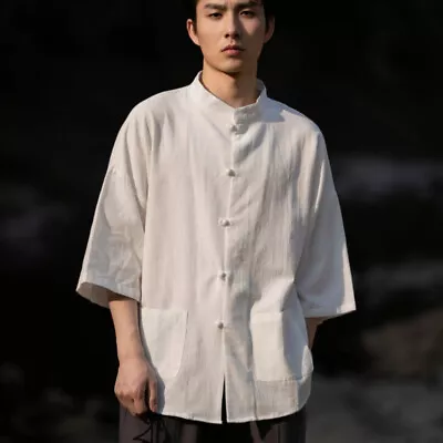 Chinese Tang Suit Men Retro Half Sleeve Shirt Kung Fu Tai Chi Jacket Hanfu Top • £17.09