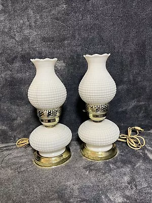 Vintage Waffle Hobnail White Milk Glass Bedside Table Hurricane Lamp Pair 2 Work • $21.50