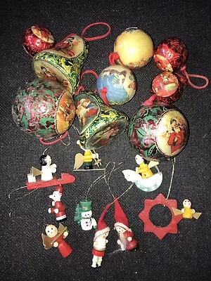 18 Vintage Christmas Decorations Paper Mache Baubles Wooden Hanging Ornaments • $20