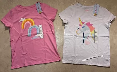 Lot 2 NWT ✅ Girls T Shirts Cat & Jack Pink & White Rainbows Unicorns ✅ L 10-12 • $6.29