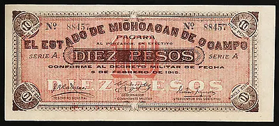 Mexico 10 Pesos 1915 Unc P S883 Serie A  Estado Michoacan De Ocampo • $117.65