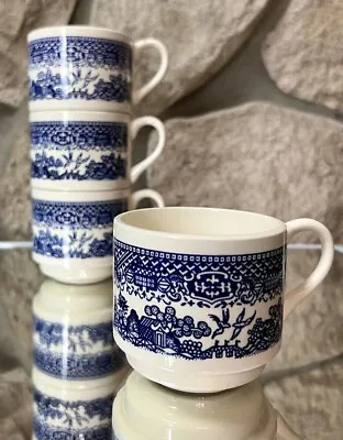 Willow Wear Tea Cups Blue White Oriental Vintage Porcelain Lot Of 4 Mugs 8oz • $20
