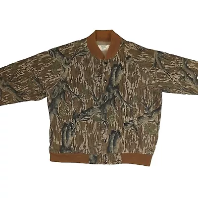 VINTAGE 80s Mossy Oak Camo Bomber Hunting Jacket USA Made Men's Large Snap Up • $64.12