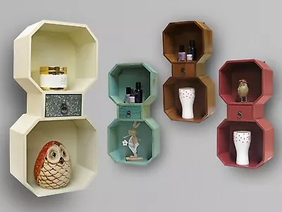 Set Of 2 Or 4 Wall Drawer Storage Float Shelves Wood Octagonal Shelving Bookcase • £31.80