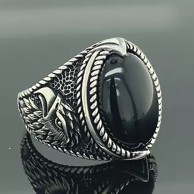 925k Silver Black Onyx Gemstone Ring Men Handmade Eagle Model Ring • $59