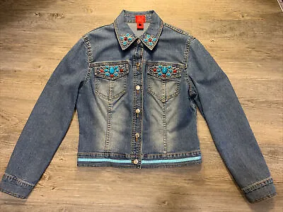 $22.50 • Buy V Cristina Denim Jean Jacket Beaded Colors Turquoise Red Silver Size Small