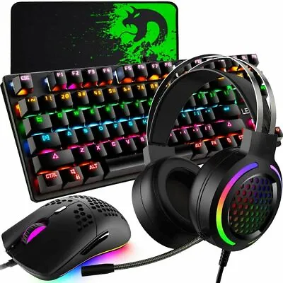 Mechanical Gaming Keyboard And Mouse Headset +Mat Set For Laptop PC PS4 Xbox One • $56.03