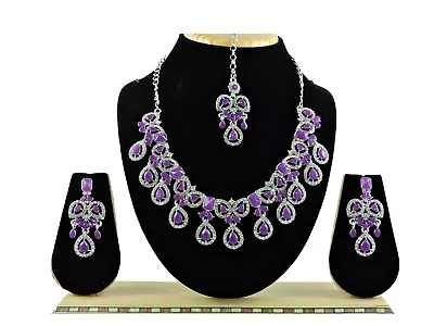 Purple Indian Bollywood Wedding Silver Plated Kundan Bridal Jewelry Necklace Set • $35.99