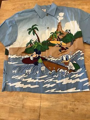 Vintage Disney Store Hawaiian Shirt Mens XL Blue Mickey Goofy Tropical • $27.99