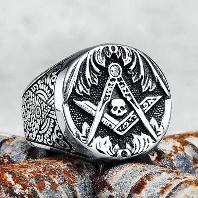 Masonic Skull Ring 316L Stainless Steel Men Eye Of Truth Freemasonry • $11.89