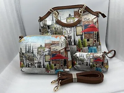 REALER Paris Cafe City Themed Set Of 3 Tote Bag Purse W/ Strap & Cosmetic Bag • $33.99