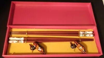 Vintage Set Of 2 Chopsticks With  Duck Rests In Wooden Presentation Box Dragon • $11.19