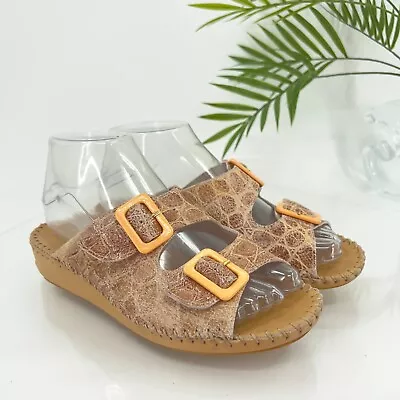 La Plume Womens Jen 6.5 37 Sandals Brown Leather Crocodile Adjustable Mid Wedge • $39.95