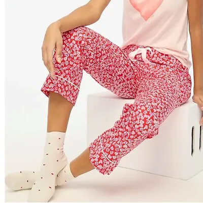 J. Crew NWT $59.50 Red Pink Heart Print Cropped Cotton Pajama Pant | Sz S • $39.50