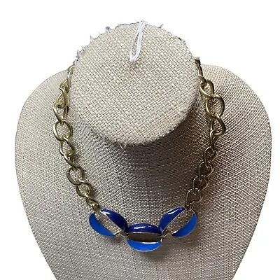 Vintage Modernist Blue Enamel Centerpiece Chunky Gold Necklace. • $1.95