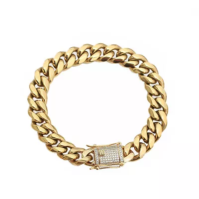 Gold Plated CZ Clasp Stainless Steel Miami Cuban Link Bracelet 6MM-14MM • $17.85