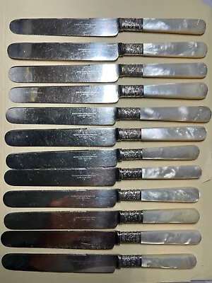 Meriden Cutlery Co (12) Mother Of Pearl Handle Knives W/ Sterling Ferrule 1855 • $95