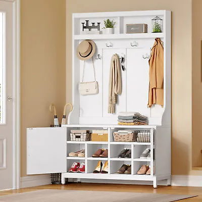 3-in-1 White Entryway Bench W/Coat Rack Hall Tree Shoe Clothes Shelves Organizer • $153.99