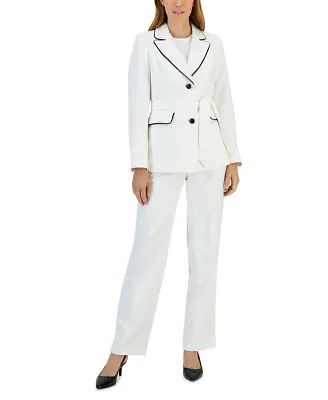 Le Suit Women's Contrast-Trim Belted Jacket & Pants (Vanilla Ice/Black 10) • $146.28