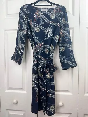 H&M Navy Blue Paisley 3/4 Sleeve Lightweight Midi Dress Size 10 BELT EUC CLEAN • $30