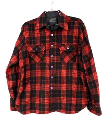 Vintage Mens 1970s Shirt Wool Nylon Red Plaid Button Front  L Korea • $35.45