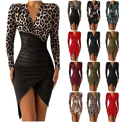 $14.88 • Buy Women Sexy Ruffles Mini Dress Ladies Holiday Evening Party V-neck Bodycon Dress