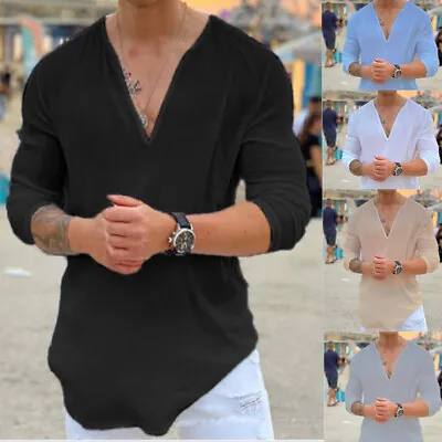 $16.99 • Buy Men's V-Neck Long Sleeves Tops Casual Beach Solid Color Loose T-Shirt Fashion
