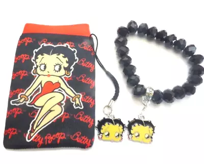 Betty Boop Mobile Phone Sock/Pouch +Crystal Charm Carrier Bracelet + Bag Charm • £9.25