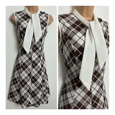 £9.99 • Buy Vintage 1970s Brown & White Check Print Tie Neck Sleeveless Mod Shift Dress 8