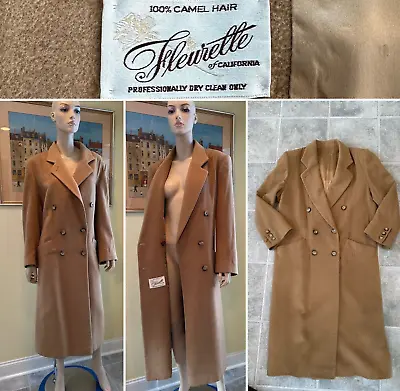 Vtg FLEURETTE Size 12/Large 100% Camel Hair Beige Double-Breasted Long Coat USA • $199.99