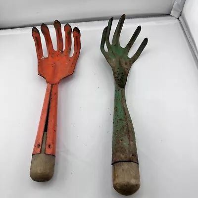 2 Vintage Green & Orange Shovel & 5 Prong Metal & Wood Garden Tools • $14