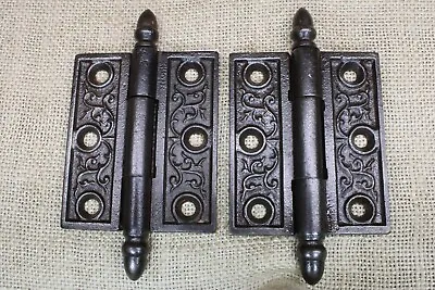 2 Old Door Hinges 3 X 2 1/2  Acorn Tip Pins Vintage 1880’s Victorian Iron Vines • $56.91