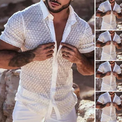 US STOCK Mens Hollow Out Shirt Short Sleeve Lace Sheer Tee Shirt Beach Top Shirt • $17.48