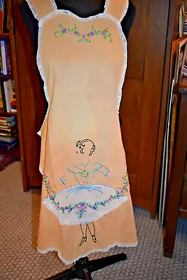 Vintage Full Bibbed Hostess Apron With Embroidered Girl • $18