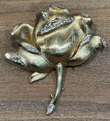 Rare Vintage Crown TRIFARI Gold Tone Rhinestone Blooming ROSE Flower Brooch Pin • $578